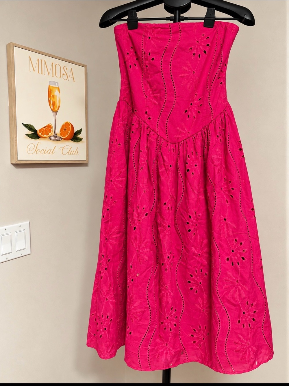 Band of the Free Pink Eyelet Strapless Midi Dress Smocked S